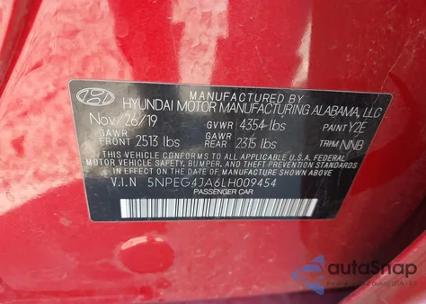 2020 Hyundai Sonata Se from USA, damaged, VIN 5NPEG4JA6LH009454